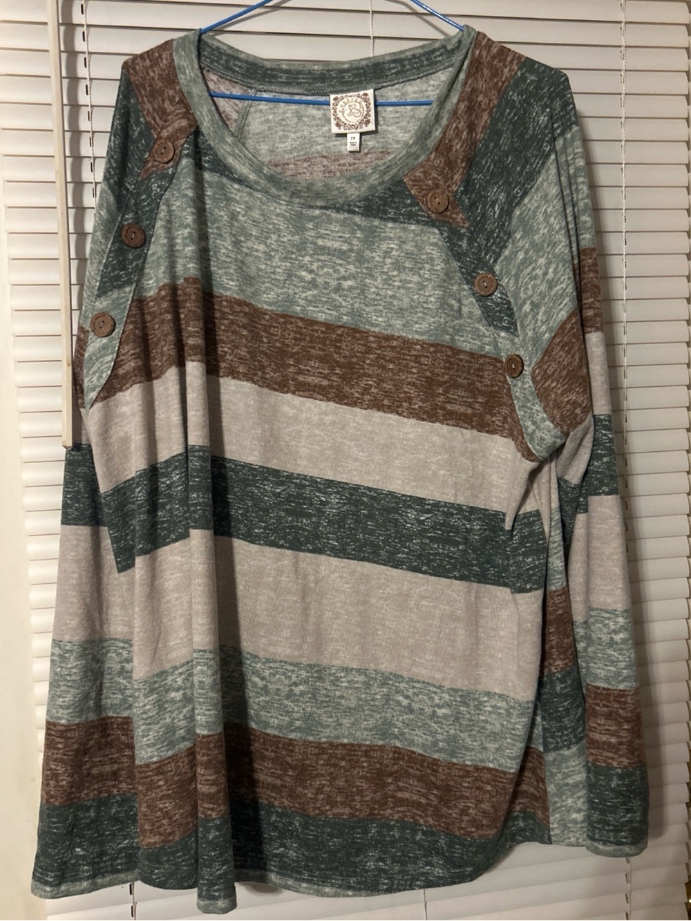 Women’s Striped Button-Shoulder Pullover in Green, Brown & Cream